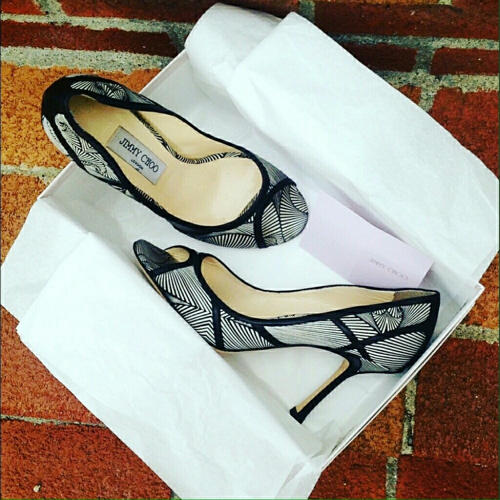Jimmy Choo Silk 'Hardy' Peep Toe Pump Black & White Print Leather Trim 38
